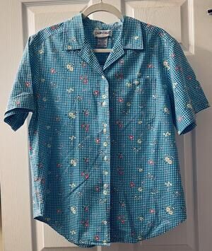 Vintage Cabin Creek Teal Checkered Gingham Calico Flower Top Cottagecore L